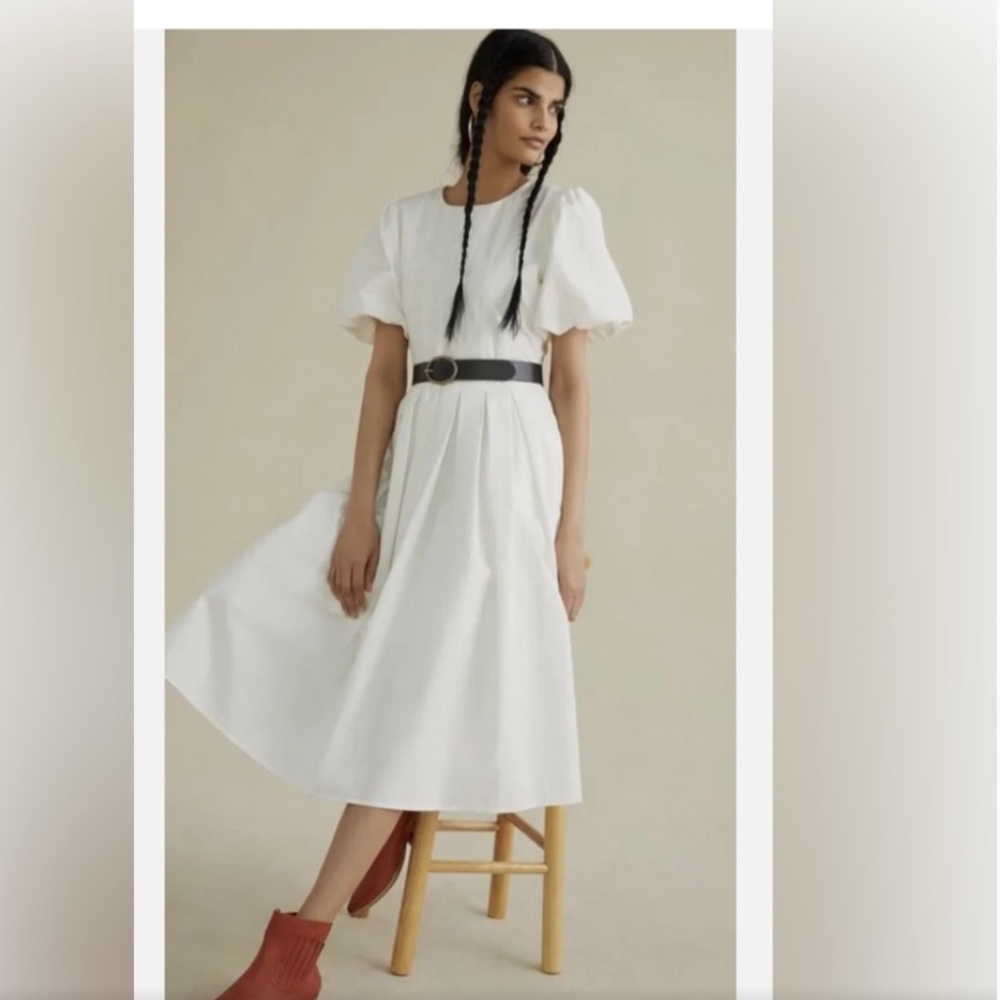 Easter Dress White A-Line Dress with Puff Sleeves and Crew Neck Anthropologie